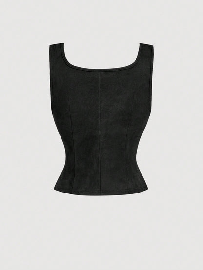 Embroidered Lace-Up Front Crisscross Tank Top | Slim Fit Scoop & Square Neck Crop Top with Eyelet Detail