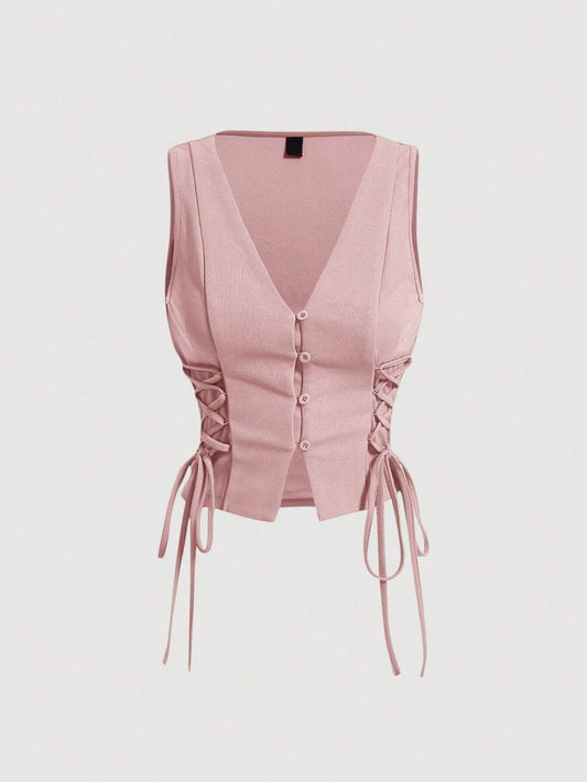 Lace-Up Front Button-Up Tank Top | V-Neck Slim Stretch Crop Tank with Eyelet Detail