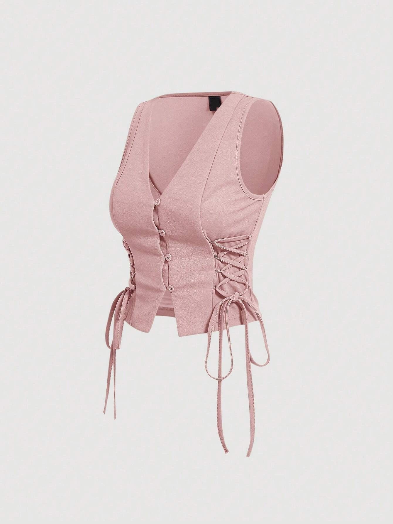 Lace-Up Front Button-Up Tank Top | V-Neck Slim Stretch Crop Tank with Eyelet Detail