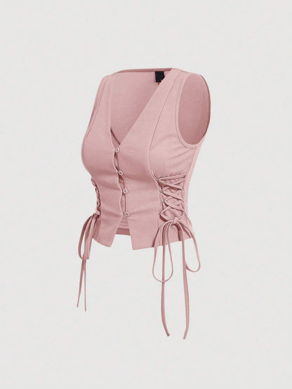 Lace-Up Front Button-Up Tank Top | V-Neck Slim Stretch Crop Tank with Eyelet Detail