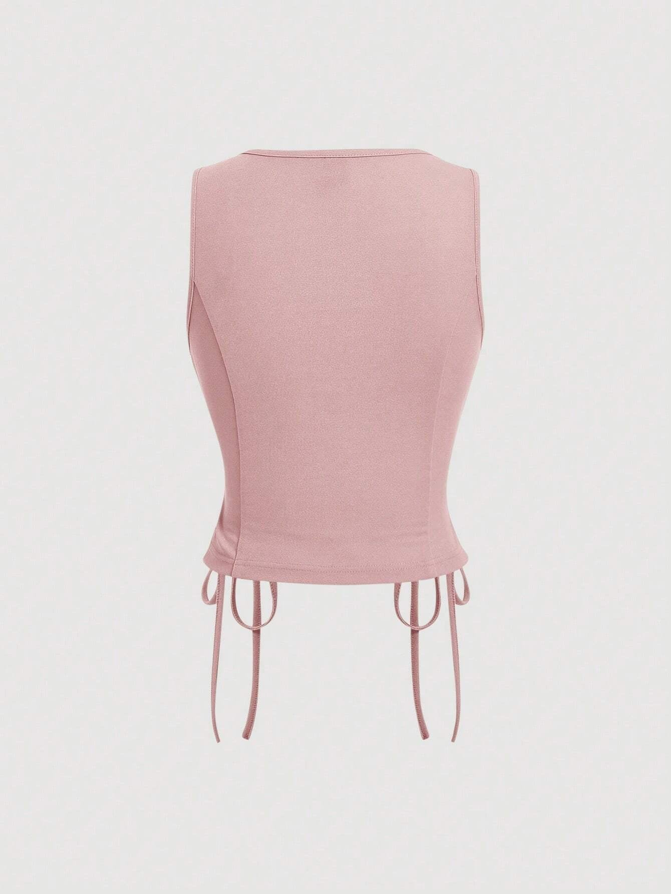 Lace-Up Front Button-Up Tank Top | V-Neck Slim Stretch Crop Tank with Eyelet Detail
