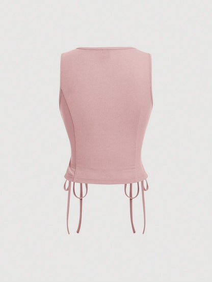 Lace-Up Front Button-Up Tank Top | V-Neck Slim Stretch Crop Tank with Eyelet Detail
