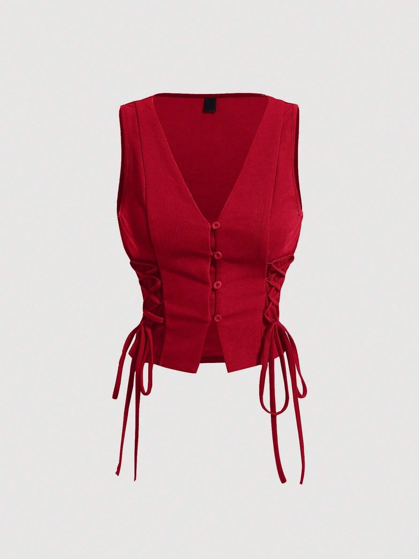Lace-Up Front Button-Up Tank Top | V-Neck Slim Stretch Crop Tank with Eyelet Detail