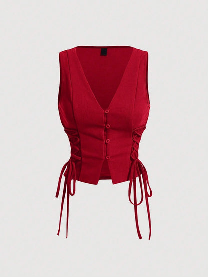 Lace-Up Front Button-Up Tank Top | V-Neck Slim Stretch Crop Tank with Eyelet Detail