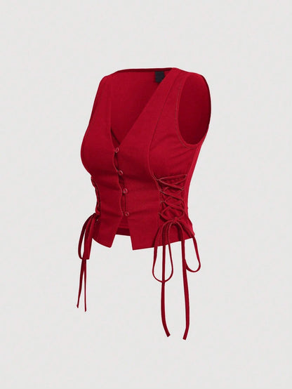 Lace-Up Front Button-Up Tank Top | V-Neck Slim Stretch Crop Tank with Eyelet Detail