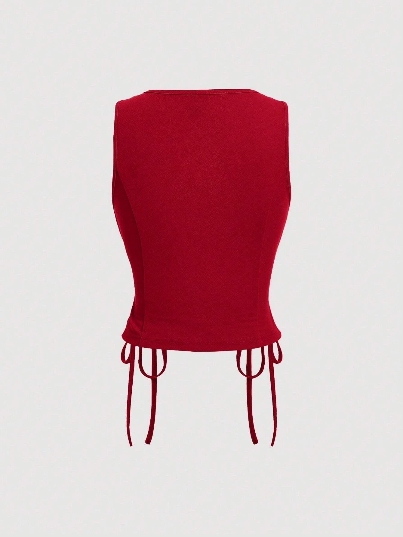 Lace-Up Front Button-Up Tank Top | V-Neck Slim Stretch Crop Tank with Eyelet Detail
