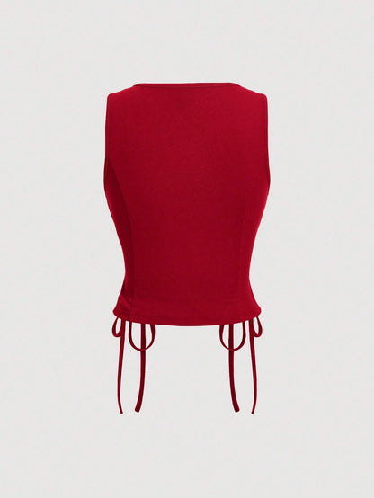 Lace-Up Front Button-Up Tank Top | V-Neck Slim Stretch Crop Tank with Eyelet Detail