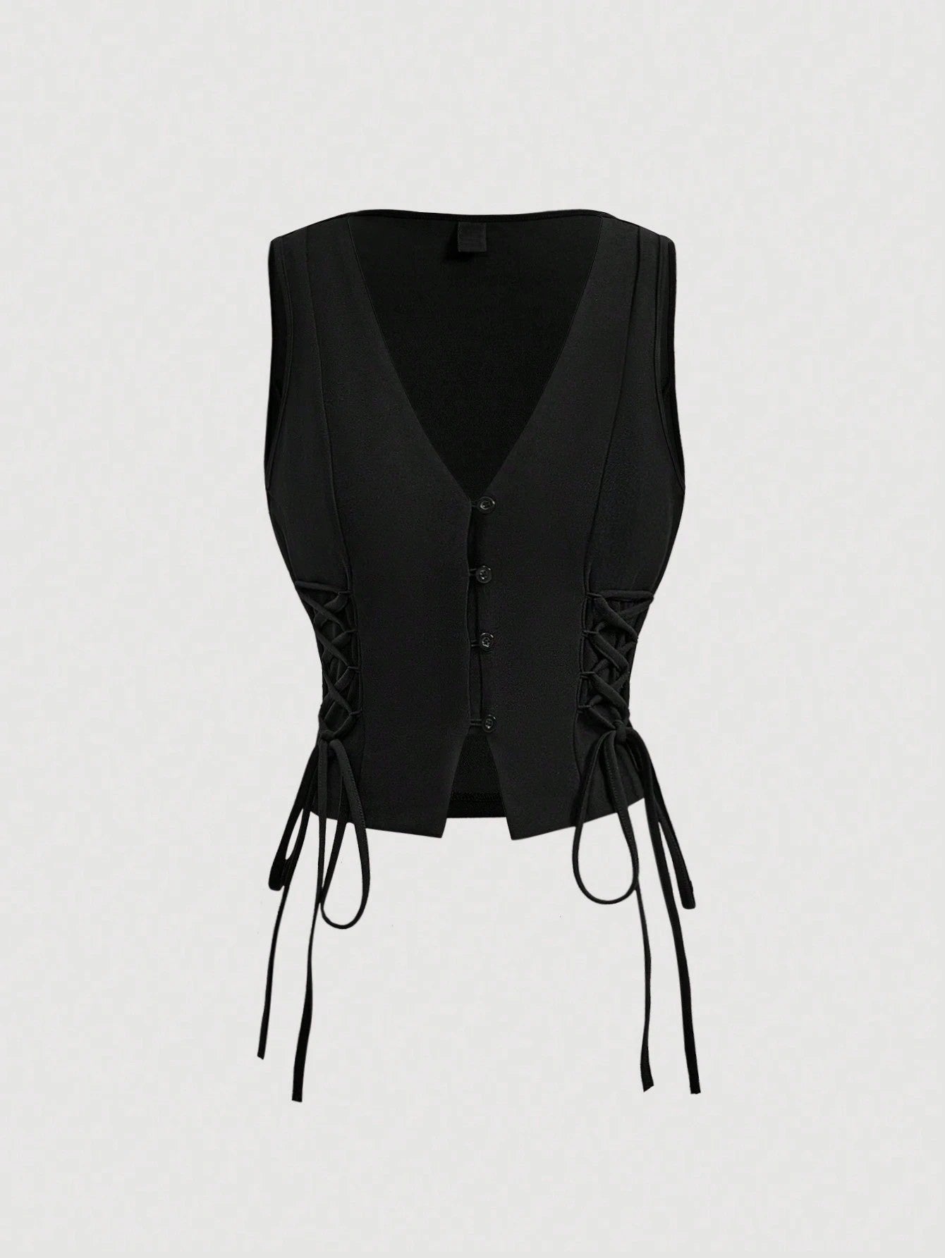 Lace-Up Front Button-Up Tank Top | V-Neck Slim Stretch Crop Tank with Eyelet Detail