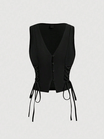 Lace-Up Front Button-Up Tank Top | V-Neck Slim Stretch Crop Tank with Eyelet Detail