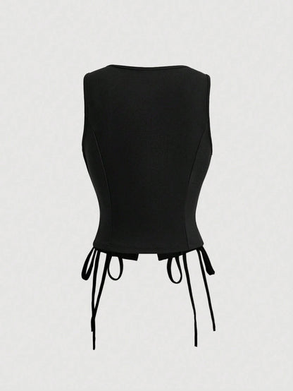 Lace-Up Front Button-Up Tank Top | V-Neck Slim Stretch Crop Tank with Eyelet Detail
