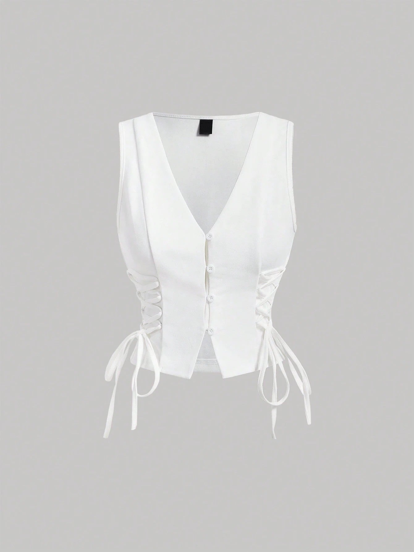 Lace-Up Front Button-Up Tank Top | V-Neck Slim Stretch Crop Tank with Eyelet Detail