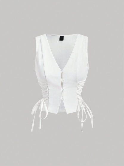 Lace-Up Front Button-Up Tank Top | V-Neck Slim Stretch Crop Tank with Eyelet Detail