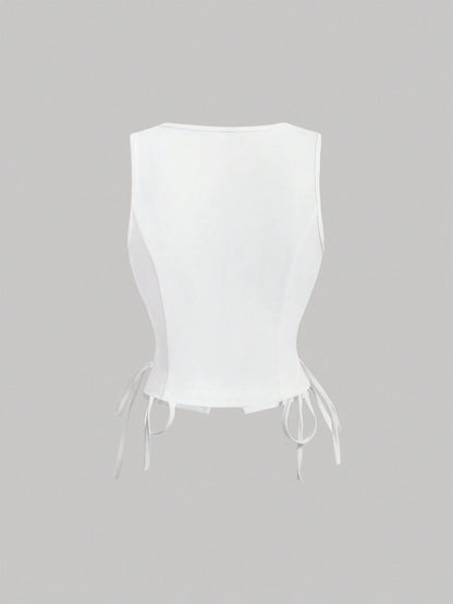 Lace-Up Front Button-Up Tank Top | V-Neck Slim Stretch Crop Tank with Eyelet Detail