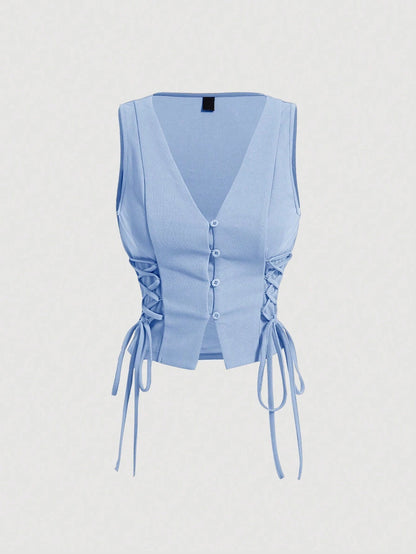Lace-Up Front Button-Up Tank Top | V-Neck Slim Stretch Crop Tank with Eyelet Detail