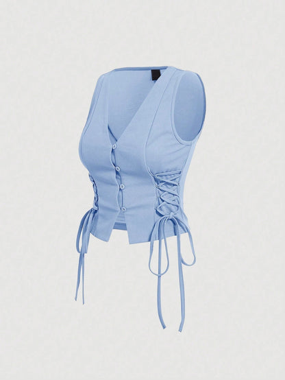 Lace-Up Front Button-Up Tank Top | V-Neck Slim Stretch Crop Tank with Eyelet Detail