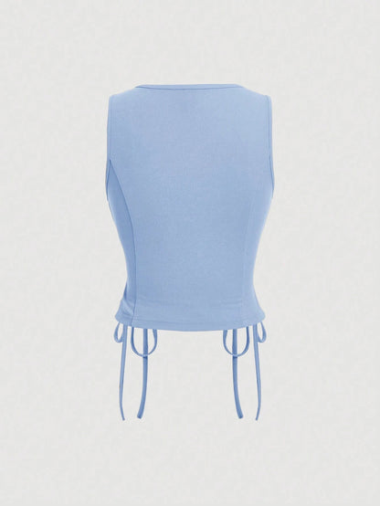 Lace-Up Front Button-Up Tank Top | V-Neck Slim Stretch Crop Tank with Eyelet Detail