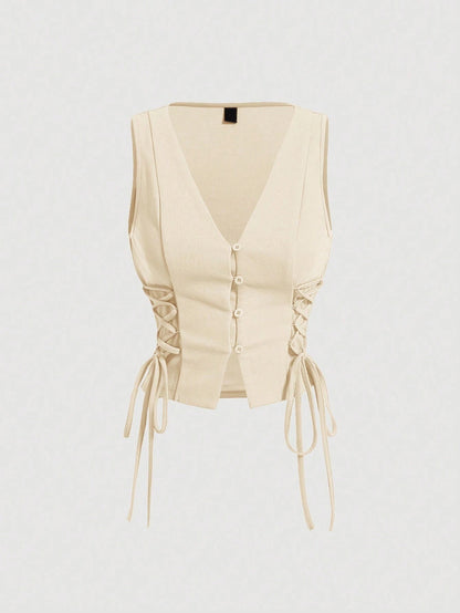 Lace-Up Front Button-Up Tank Top | V-Neck Slim Stretch Crop Tank with Eyelet Detail