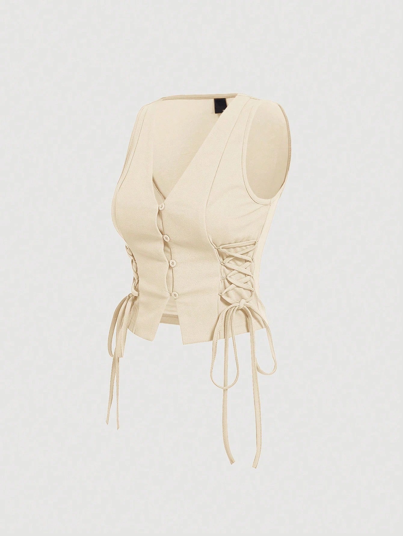 Lace-Up Front Button-Up Tank Top | V-Neck Slim Stretch Crop Tank with Eyelet Detail