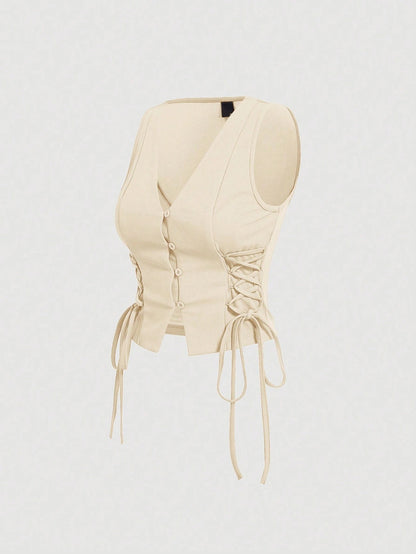 Lace-Up Front Button-Up Tank Top | V-Neck Slim Stretch Crop Tank with Eyelet Detail