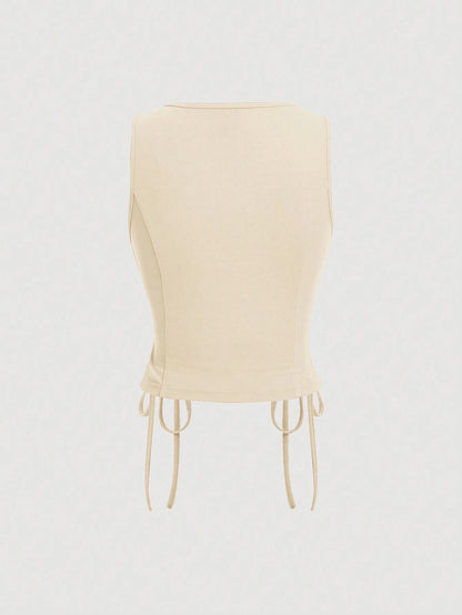 Lace-Up Front Button-Up Tank Top | V-Neck Slim Stretch Crop Tank with Eyelet Detail