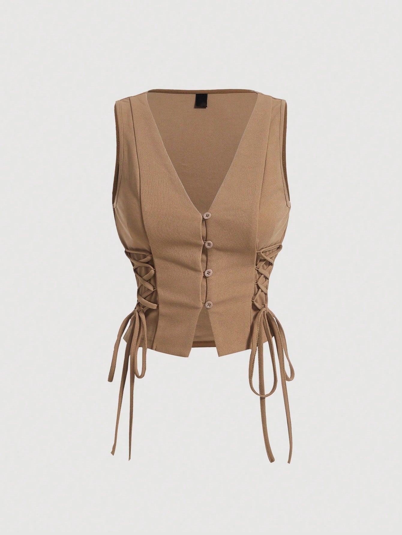 Lace-Up Front Button-Up Tank Top | V-Neck Slim Stretch Crop Tank with Eyelet Detail