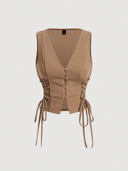 Lace-Up Front Button-Up Tank Top | V-Neck Slim Stretch Crop Tank with Eyelet Detail