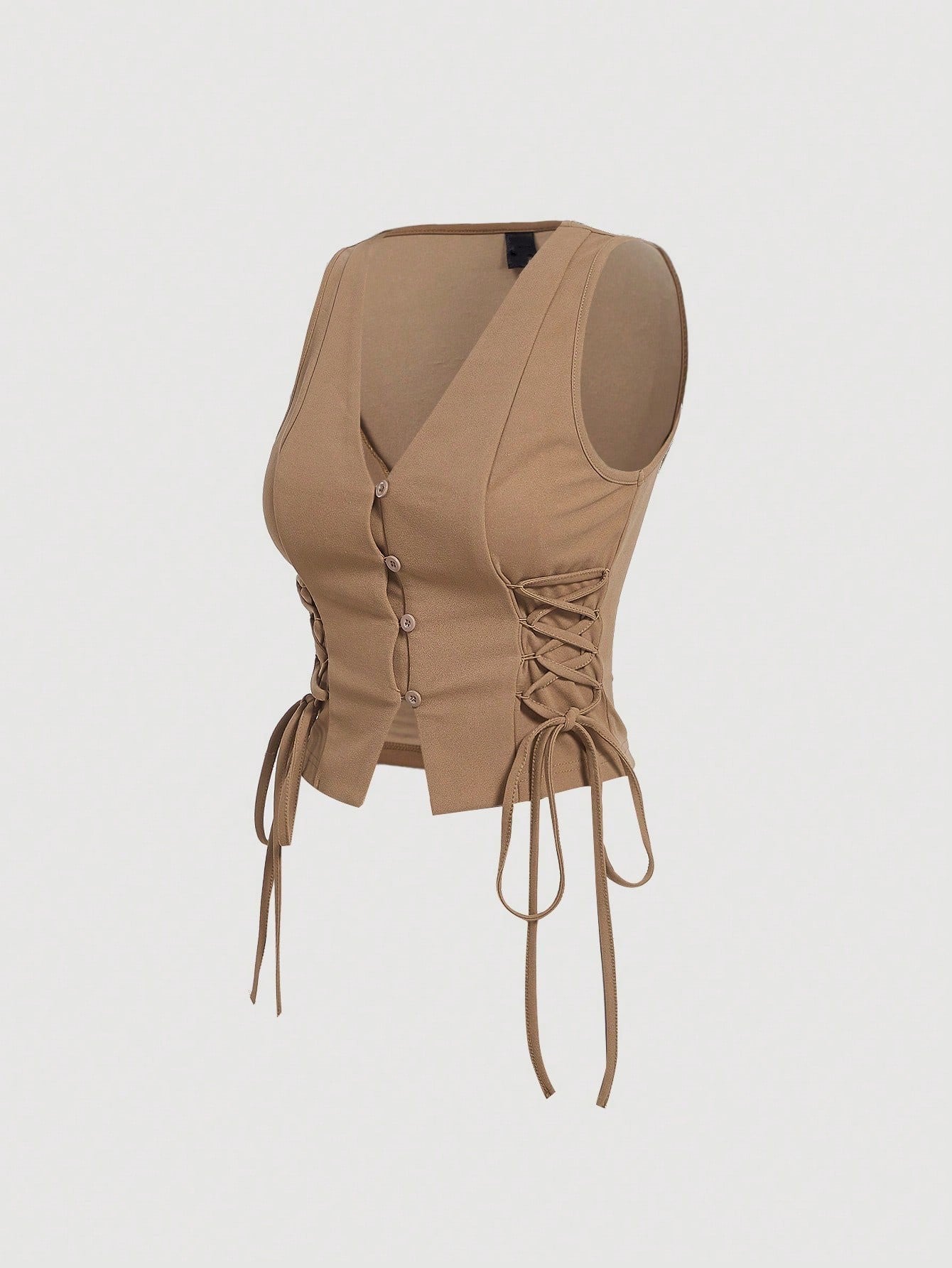 Lace-Up Front Button-Up Tank Top | V-Neck Slim Stretch Crop Tank with Eyelet Detail