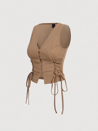 Lace-Up Front Button-Up Tank Top | V-Neck Slim Stretch Crop Tank with Eyelet Detail