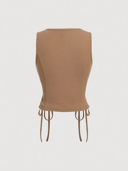 Lace-Up Front Button-Up Tank Top | V-Neck Slim Stretch Crop Tank with Eyelet Detail