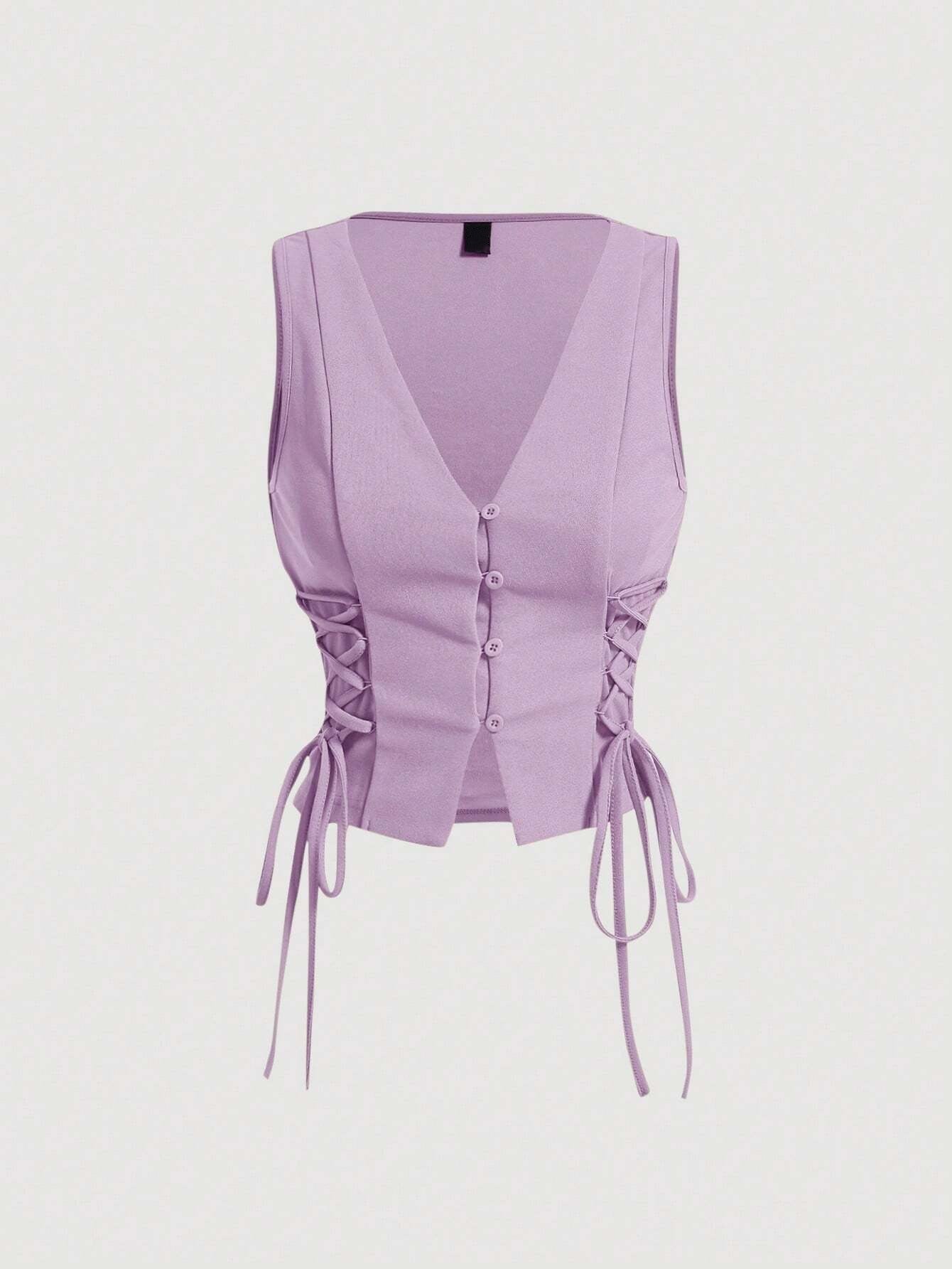 Lace-Up Front Button-Up Tank Top | V-Neck Slim Stretch Crop Tank with Eyelet Detail