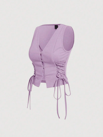 Lace-Up Front Button-Up Tank Top | V-Neck Slim Stretch Crop Tank with Eyelet Detail