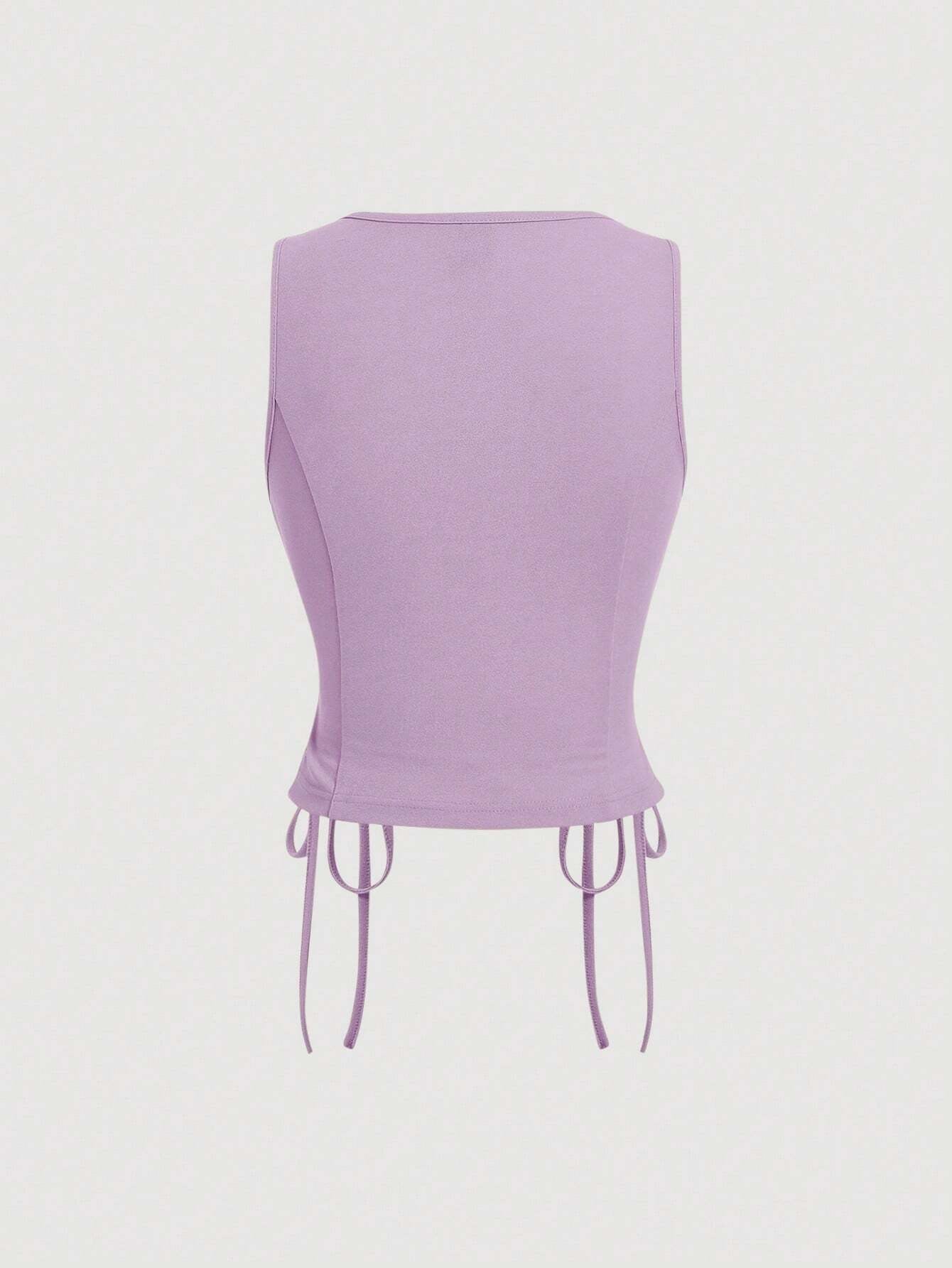 Lace-Up Front Button-Up Tank Top | V-Neck Slim Stretch Crop Tank with Eyelet Detail