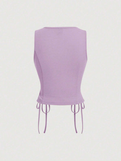 Lace-Up Front Button-Up Tank Top | V-Neck Slim Stretch Crop Tank with Eyelet Detail