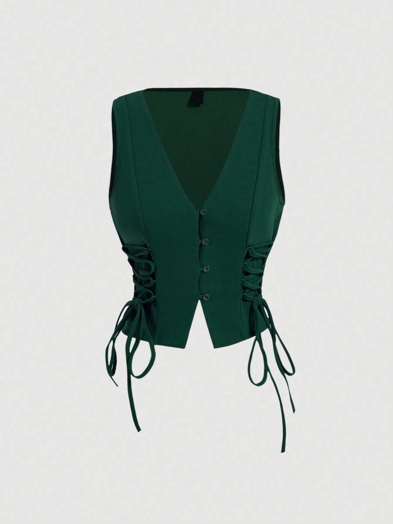 Lace-Up Front Button-Up Tank Top | V-Neck Slim Stretch Crop Tank with Eyelet Detail