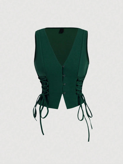 Lace-Up Front Button-Up Tank Top | V-Neck Slim Stretch Crop Tank with Eyelet Detail