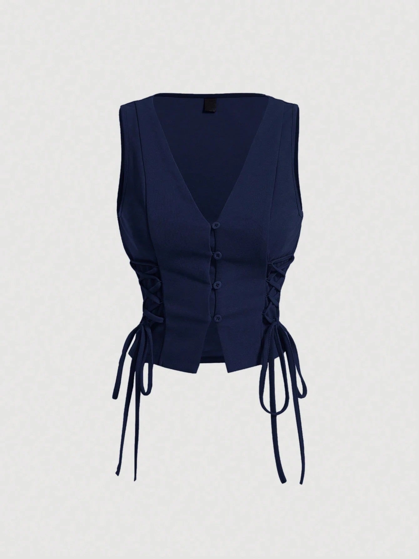 Lace-Up Front Button-Up Tank Top | V-Neck Slim Stretch Crop Tank with Eyelet Detail