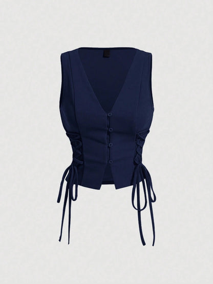 Lace-Up Front Button-Up Tank Top | V-Neck Slim Stretch Crop Tank with Eyelet Detail