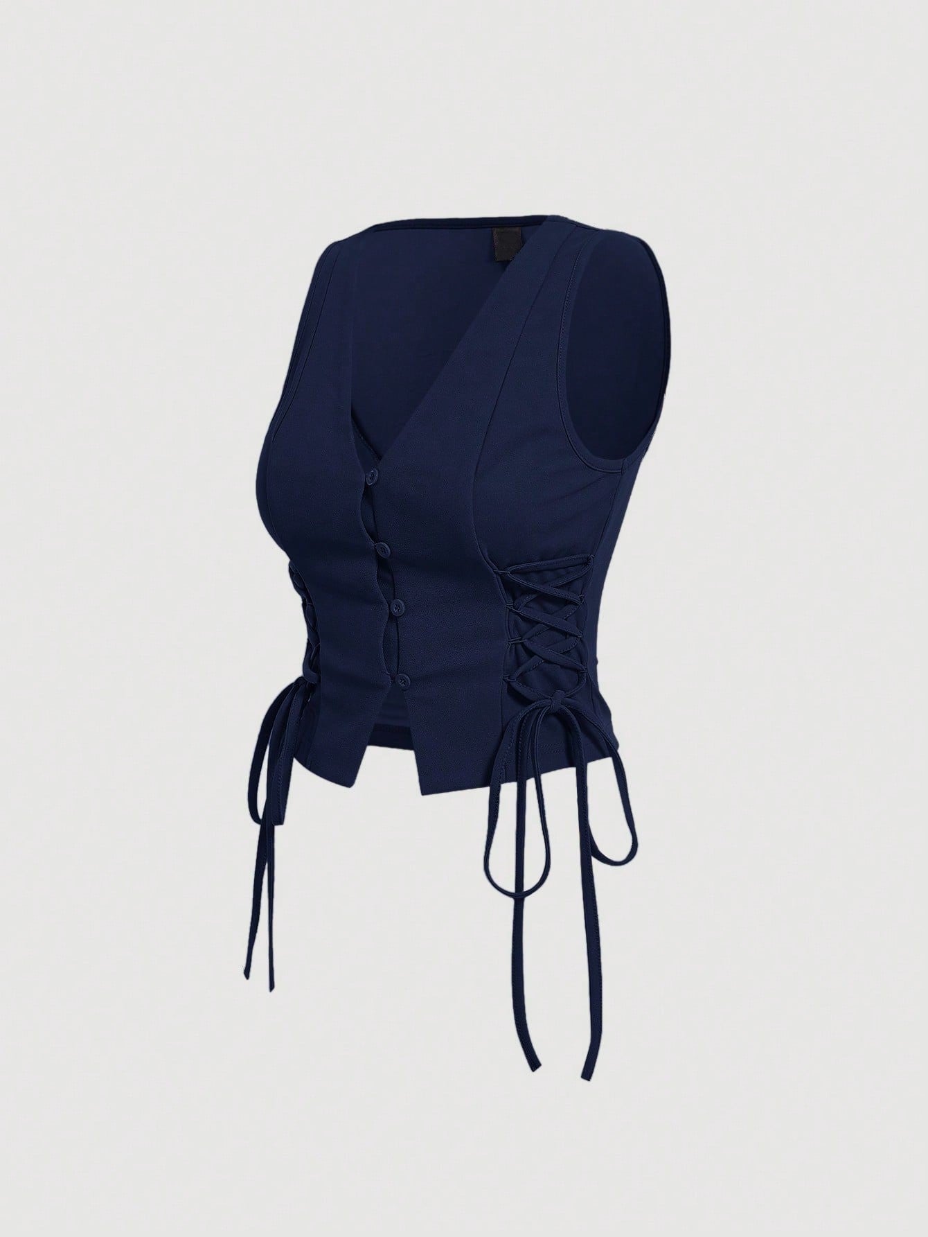 Lace-Up Front Button-Up Tank Top | V-Neck Slim Stretch Crop Tank with Eyelet Detail