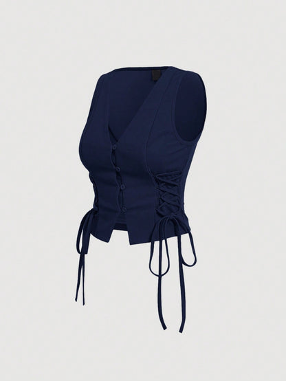 Lace-Up Front Button-Up Tank Top | V-Neck Slim Stretch Crop Tank with Eyelet Detail