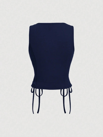 Lace-Up Front Button-Up Tank Top | V-Neck Slim Stretch Crop Tank with Eyelet Detail