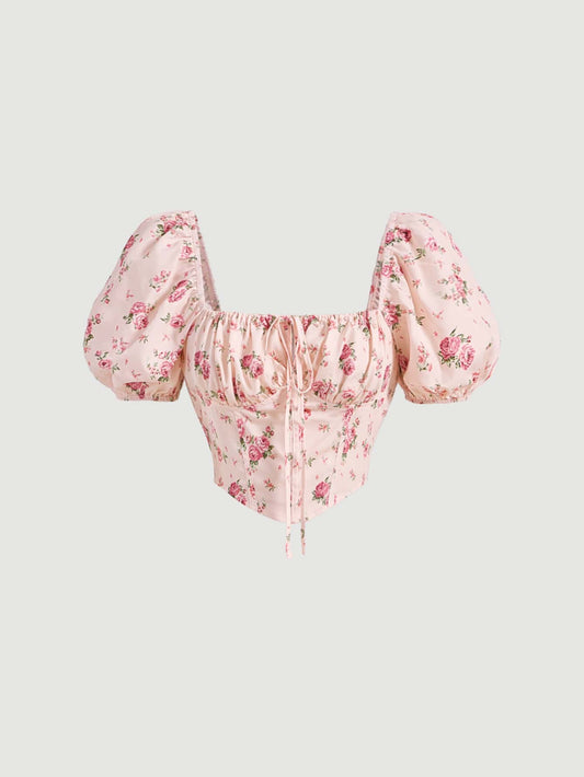 Floral Tie-Front Puff Sleeve Crop Blouse | Ruched Bust Asymmetrical Corset-Style Top