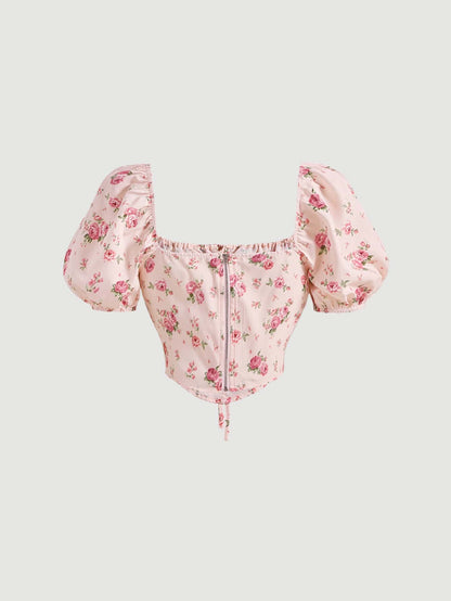 Floral Tie-Front Puff Sleeve