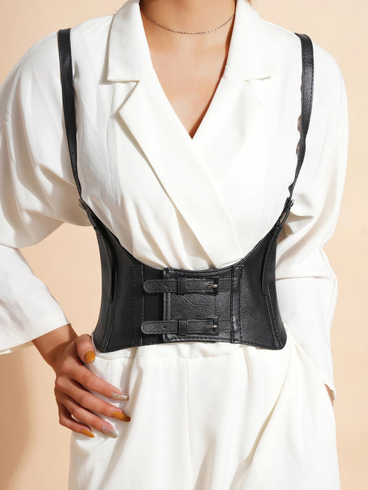 Steampunk Buckle Decor Harness Belt | Adjustable PU Wide Belt for Dresses & Coats