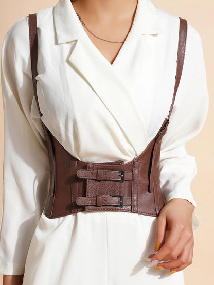Steampunk Buckle Decor Harness Belt | Adjustable PU Wide Belt for Dresses & Coats