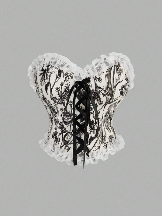 Floral Patchwork Lace-Up Bustier Top | Strapless Milkmaid Corset Crop Top
