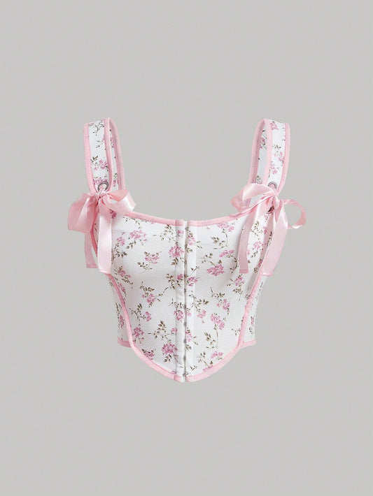 Floral Knot-Front Wide Strap Crop Top | Pink Asymmetrical Floral Print Summer Top