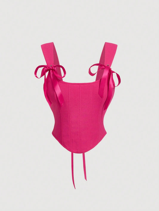 Bow Front Tie-Back Corset Tank Top | Hot Pink Asymmetrical Wide-Strap Crop Top