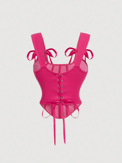 Bow Front Tie-Back Corset Tank Top | Hot Pink Asymmetrical Wide-Strap Crop Top