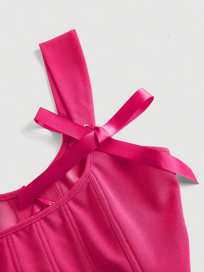 Bow Front Tie-Back Corset Tank Top | Hot Pink Asymmetrical Wide-Strap Crop Top