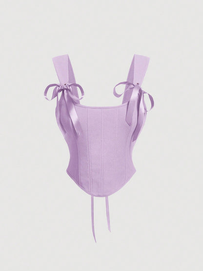 Bow Front Tie-Back Corset Tank Top | Hot Pink Asymmetrical Wide-Strap Crop Top